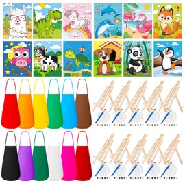 Ireer 84 Pcs Kids Paint Party Set Include 12 Animal Pre Drawn Canvas 12 Brushes 12 Palettes 12 Set Acrylic Paints 12 Apron Canvas Painting Kit for Kids Art Paint Party Valentines Gift (8 x 10 Inches)