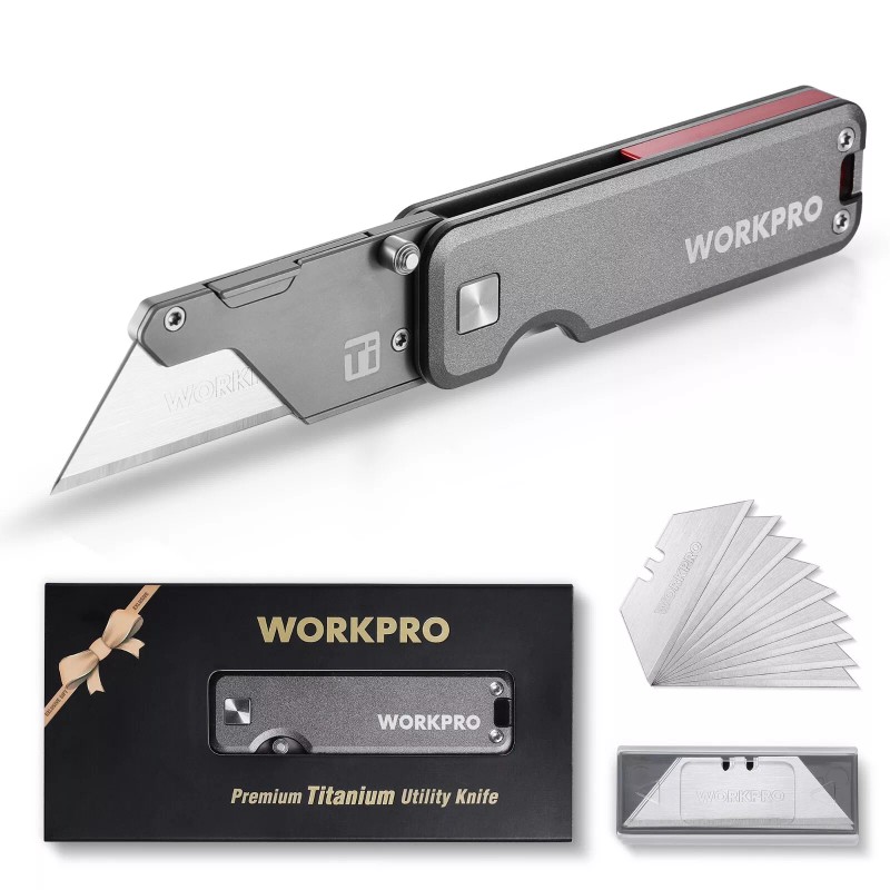 WORKPRO Premium Titanium Utility Knife CNC Unibody w/10 Extra Blades