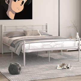 VECELO White Queen Bed Frame with Headboard/Metal Platform Base/Mattress Foundation/Steel Slat Support/No Box Spring Needed/Easy Assembly