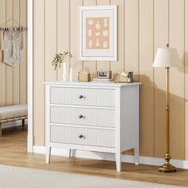 3 Drawer Dresser, Wood Chest of Drawers with Fluted Design, Wide Storage Organizer with Metal Legs and Anti-Tip Kit for Bedroom or Living Room