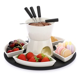 BSTKEY 300ML Ceramic Butter Warmer Set with Wooden Pallet, Fondue Pot Melting Pot Set, Melt Hot Pot Bowl Set For Cheese Chocolate Butter Caramel, with 4 Forks and 4 Dishes