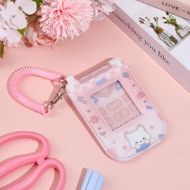 NICENEEDED 2 PCS Cartoon Photocard Holder, 3 Inch ID Badge Holder Photocard Holder Keychain ID Card Holder with Spiral Wrist Coil, Photo Protective Sleeves