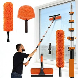 30FT Reach Duster Kit, Window Cleaning with 5-24FT Telescoping Extension Pole, High Ceiling Duster, Microfiber Feather Duster, Cobweb Duster, Window Squeegee, Feather Duster, Extendable Pole Kit
