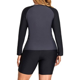Daci Women 2 Piece Plus Size Long Sleeve Rash Guard Bathing Suit Zip Front Athletic Boy Shorts Tankini Swimsuits UPF 50, Grey, 20 Plus