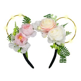 JIAHANG LED Flashing Mouse Ear with Flowers Crown Headband, Light Up Woodland Elf Fairy Floral Festival Photo Prop for Women Girls