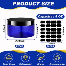 Dandat 72 Pcs 8 oz Plastic Jars with Lid and Label PET Cosmetic Containers Leak Proof Empty Cosmetic Jars Refillable Storage Travel Containers for Lotion Cream Gel Powder(Blue)
