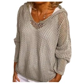 GORGLITTER Women's Hollow Out Crochet Sweater Long Sleeve Drop Shoulder Pullover Hoodie Knitwear Grey X-Large