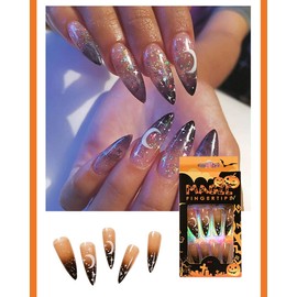 Carufin 24 Pieces Funny False Nails Moon Stars Acrylic Fake Nails Press On Nails Long Artificial Fake Nails for Women Girls (A)