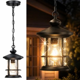 MrSconce Vintage Hanging Porch Lantern, Matte Black Outdoor Pendant Light with Seeded Glass, Adjustable Chain Exterior Hanging Lamp for Front Door Porch Backyard Patio Balcony Garden Gazebo