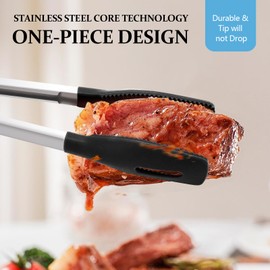 Joinkitch 12-inch Cooking Tongs with Silicone Heads,Stainless Steel Heat Resistant Kitchen Tongs for Nonstick Cooking Pans,Pull Lock (Black)