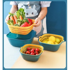 ASEANAO Drain Basket Set for Vegetable & Fruit, Double-Layer Colanders, Stackable, Blue+Yellow, PP Material, 6 Pieces (2 Medium, 2 Large, 2 Extra Large), 10.83 x 10.24 x 3.94 inches