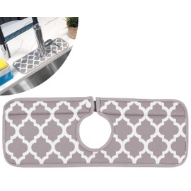 S&T INC. Microfiber Kitchen Faucet Sink Mat Drip and Splash Catcher with Snap Fastener, Absorbent and Reversible, 15 Inch x 5.5 Inch, White Trellis