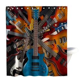 Final Friday Music Shower Curtain Instruments Kinds of Guitar Musical Theme Fabric Bathroom Decor Sets with Grommets and Hooks 72 x 78 Inch Brown,White, Blue