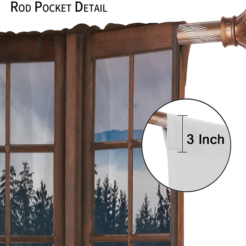 Misty Forest Landscape Curtains, Wooden Window Forest Mountain Rustic Bedroom