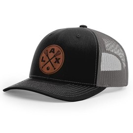 Lacrosse Hat, LAX Dad Leather Patch Cap, Crossed Lacrosee Sticks Dad Gift Trucker Hat LAX LIFE (Black/Charcoal)