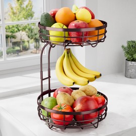 Sakugi Fruit Basket for Kitchen Counter - 2-Tier Large Capacity Fruit Bowl with Detachable Banana Hanger, Rust-Proof Metal Fruit Holder for Vegetables, Bread, Toiletry,10" D x 10" W x 14" H, Brown.