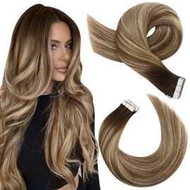Moresoo Real Hair Extensions, Tape-In Remy Hair Extensions, Dark Brown to Light Brown with Bleached Blonde #4/6/613, Ombre, Invisible Tape, 20 Pieces, 50 g, 55 cm