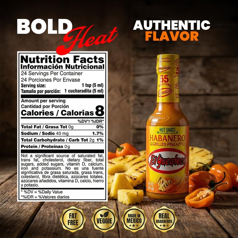 El Yucateco Grilled Pineapple and Habanero Sauce, 4 oz, Gluten