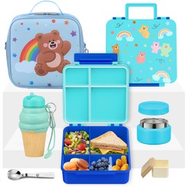 Lunch Box Kids with 5 Compartments, Insulated Food Jar & Utensil & Sauce Container & Lunch Bag & Silicone Collapsible Cup, Leak Proof Bento Box, BPA-Free & Dishwasher Safe-Sky Blue