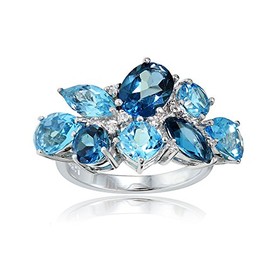 Ice Gems Sterling Silver Genuine London Blue, Swiss Blue and White Topaz Cluster Tonal Ring