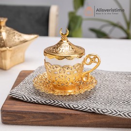 Alisveristime (1 Pc Turkish Coffee Cup - Traditional Design with Crescent Motif, Porcelain Cup and Saucer for Turkish, Greek, Arabic Coffee and Espresso (Gelincik) (Gold)