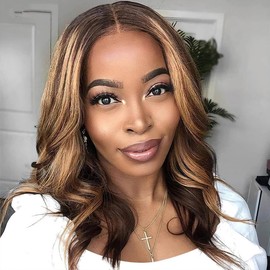 Devonia 14 Inch Highlight Ombre Lace Front Wigs Human Hair Honey Blonde 13x4 HD Body Wave Lace Front Wigs Human Hair Pre Plucked 180 Density Highlighted Wig for Women