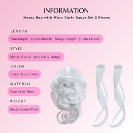VAVANGA Messy Hair Bun with Bangs Set 3PCS, Grey Synthetic Hair Claw Clip Messy Bun and Long Side Curly Air Bangs Clip in Ponytail Bun & Bangs Set Hair Piece for Women (#Grey)