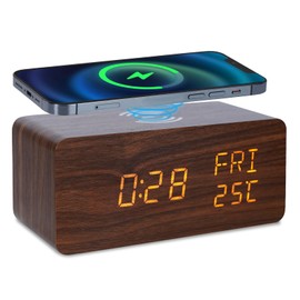 WAIGESEN Digital Wooden Alarm Clock with 10W Fast Wireless Charging,Three Levels Brightness,Weekday/Weekend Mode, Snooze,Wood Alarm Clocks for Bedroom, Bedside, Desk(Brown)