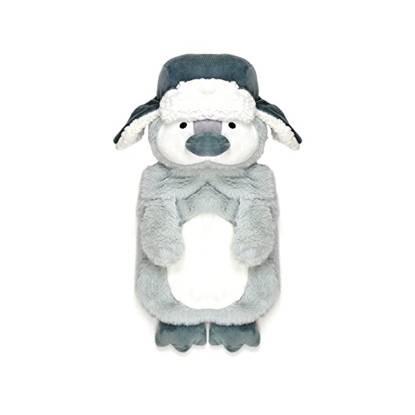 Habigail Hot Water Bottle with Novelty Plush Super Soft Cover Premium Natural Rubber 1 Litre Hot Water Bag - Helps Provide Warmth and Comfort - Bottle & Cover (Penguin Trapper Short)