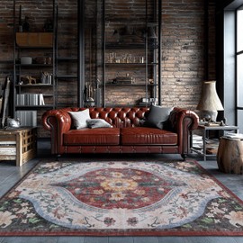 Boho Washable Rugs 5x7 Clearance for Bedroom Washable Vintage Living Room Area Rugs Non Shedding Low Pile Rugs Foldable Soft Rugs Indoor Carpet(Red/Orange,5x7ft)