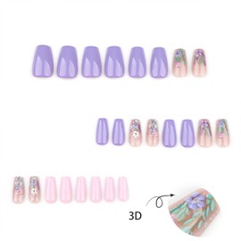 3D Flower False Nails Medium Square Press on Nails Pink Purple Mirror Glue on Nails Ballerina Acrylic Nails for Women Girls