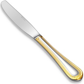 KEAWELL Pearl Edge 4-Piece Premium Dinner Knives: Stainless Steel Table Knives with a Refined Bead Design, Brightly Polished, 9.6 Inches, Dishwasher Safe. (Gold Accent)