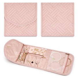 Amrules Travel Jewelry Roll Organizer Bag Foldable and Anti-Lost Jewelry Holder Storage for Rings, Necklaces, Bracelets, Earrings and Accessories, Small Pink