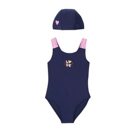 Vertbaudet Badeanzug Love mit Badekappe Mädchen Indigo-blau 146/152