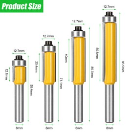 4 Piece Flush Cutter Ball Bearing Top, Flush Cutter 8 mm Shank, Ent Flush Cutter, Edges Copy Cutter with Ball Bearing, Groove Cutter Flush Cutter Set Woodworking Cutting Tool for Wood