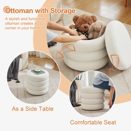 ONEVOG Round Storage Ottoman, 20" Small Ottomans Table with Removable Lid, Velvet Fabric Soft Footrest Stool for Couch, Upholstered Stuffed Circle Seat for Living Room/Bedroom/Dorm/Vanity, Lvory White