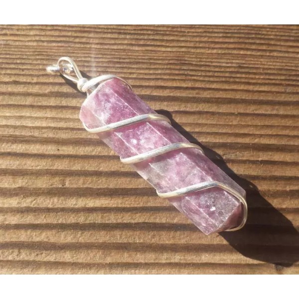 LEPIDOLITE SPIRAL WIRE WRAPPED PENCIL POINT PENDANT GEMSTONE
