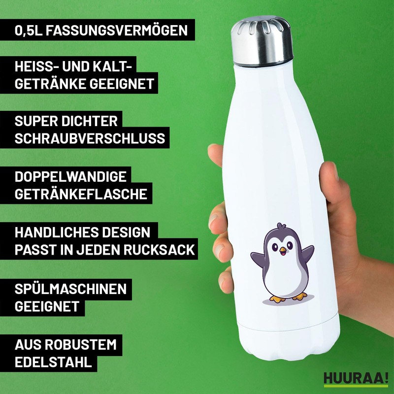 Huuraa Stainless Steel Drinking Bottle Penguin Comic Gift 500 ml