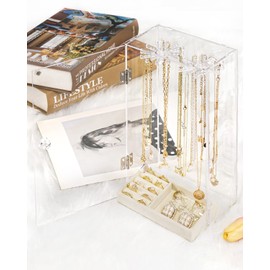 Necklace Holder, Acrylic Necklace Organizer, Rotatable Clear Jewelry Holder Organizer Display Case for Long Necklaces Pendant Bracelets, Jewelry Holder Box with Velvet Tray for Rings Earrings