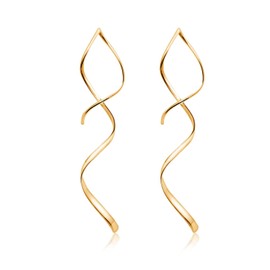 Spiral Threader Earrings, 14k Gold Earrings for Women, Handmade Drop Dangle Open Hoops Twisted Linear Curved Pull Through Earrings for Women Girls