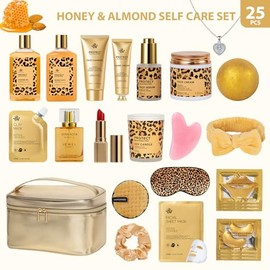 25 piezas de set de regalo para baño y cuerpo para mujeres, kit de cuidado de la piel de miel y almendra, regalo de spa, máscara de hoja facial, máscara de hidrogel, bolsa de cosméticos, suero facial