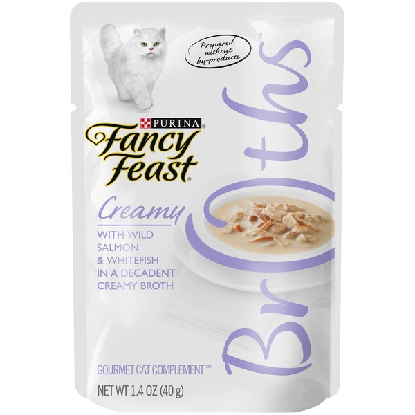 Purina Fancy Feast Broths For Cats, Creamy, With Wild Salmon And Whitefish, 1.4-Ounce Pouch, Pack Of 32