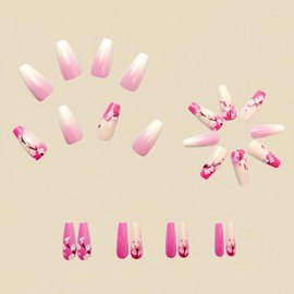 Flower MIXFOSAHN Press on Nails Medium Coffin Fake Nails Pink White False Nails with Gradient Designs Spray Glossy Full Cover Stick on Nails Spring Glue on Nails Acrylic Nails for Women Girls 24 Pcs