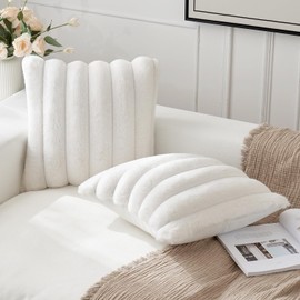 MIULEE Pack of 2 White Throw Pillow Covers 20x20 Inch Soft Couch Pillow Covers with Velvet Back Faux Rabbit Fur Throw Pillows Decorative Home Decor for Sofa Bedroom Livingroom