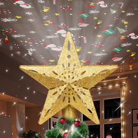 CheerHP Star Christmas Tree Topper Lighted with 6 Projection Modes - Spark Christmas Decorations Treetop Gift LED Rotating Glitter Decor(Gold)