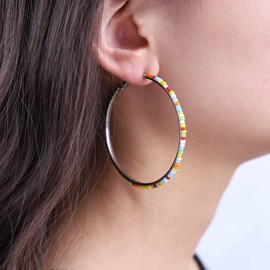 Andelaisi Boho Exaggerate Rainbow Bead Circle Earrings Vintage Hollow Circle Hoop Earrings Colorful Rice Bead Round Earrings Punk Geometric Circle Earrings Jewelry for Women