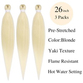 Kfilsg Braiding Hair Pre Stretched 26 Inch 613 Blonde Long Braiding Hair Extension Pre Stretched Braiding Hair Synthetic Hair 3 Packs Hot Water Setting Soft Yaki Texture Braiding Hair Pre Stretched