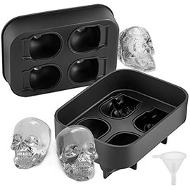 VEVOR Skull Ice Cube Tray, 4-Grid Skull Ice Ball Maker, Flexible Black Silicone Ice Tray with Lid & Funnel, Funny Skull Ice Cubes 1.6"x1.8" Each for Beverage, Chocolate, etc. on Parties & Holidays