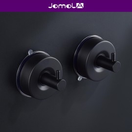 JOMOLA Stainless Steel Bathroom Suction Hooks - No Drill Adhesive-Free Wall Mount for Shower, Towel & Robe, Rustproof Metal Hardware with Damage-Free Grip, Matte Black (2-Pack)