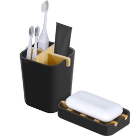 IWNTWY Toothbrush Holders and Soap Holder Set, Tooth Brush Holder with 4 Slots, Plastic Soap Dish Tray for Shower, Bathroom Accessories Set for Countertop Storage - Black